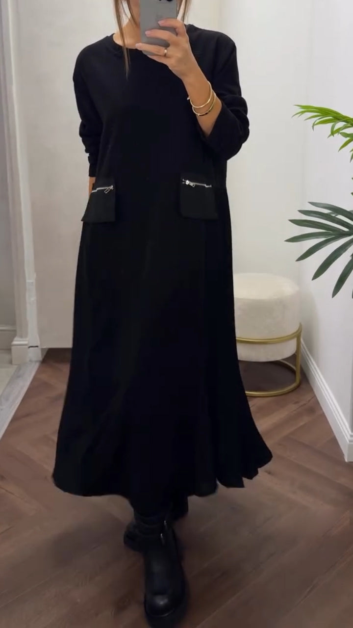 Robe longue femme plissée fluide col rond manches longues avec poches décontractée chic