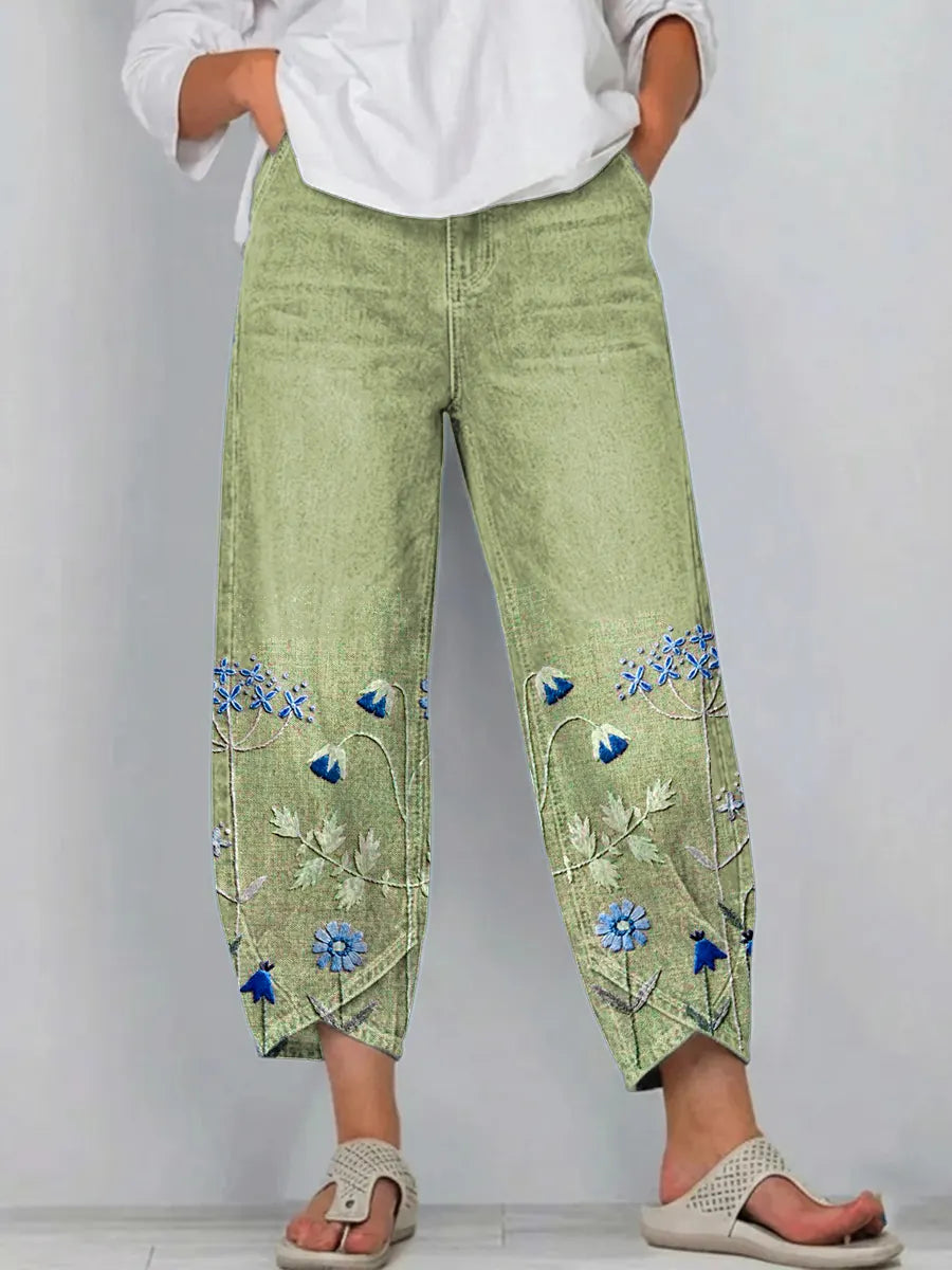 Pantalon Denim Femme Broderies Florales Bas Jambe Coupe Droite Boho