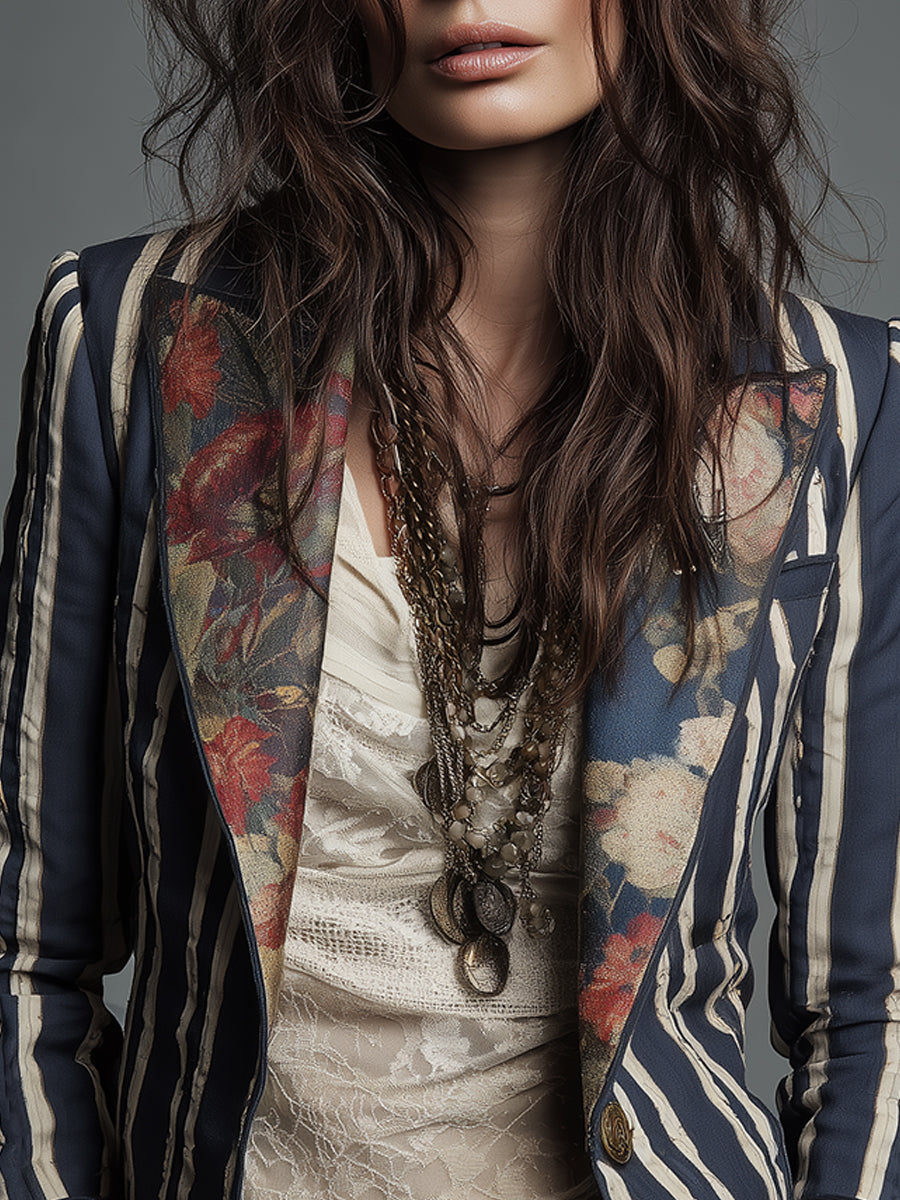 Blazer Bohème Rayé pour Femmes avec Imprimé Floral Vintage
