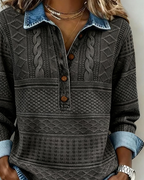 Haut en maille effet denim à col polo pour femme décontracté et élégant