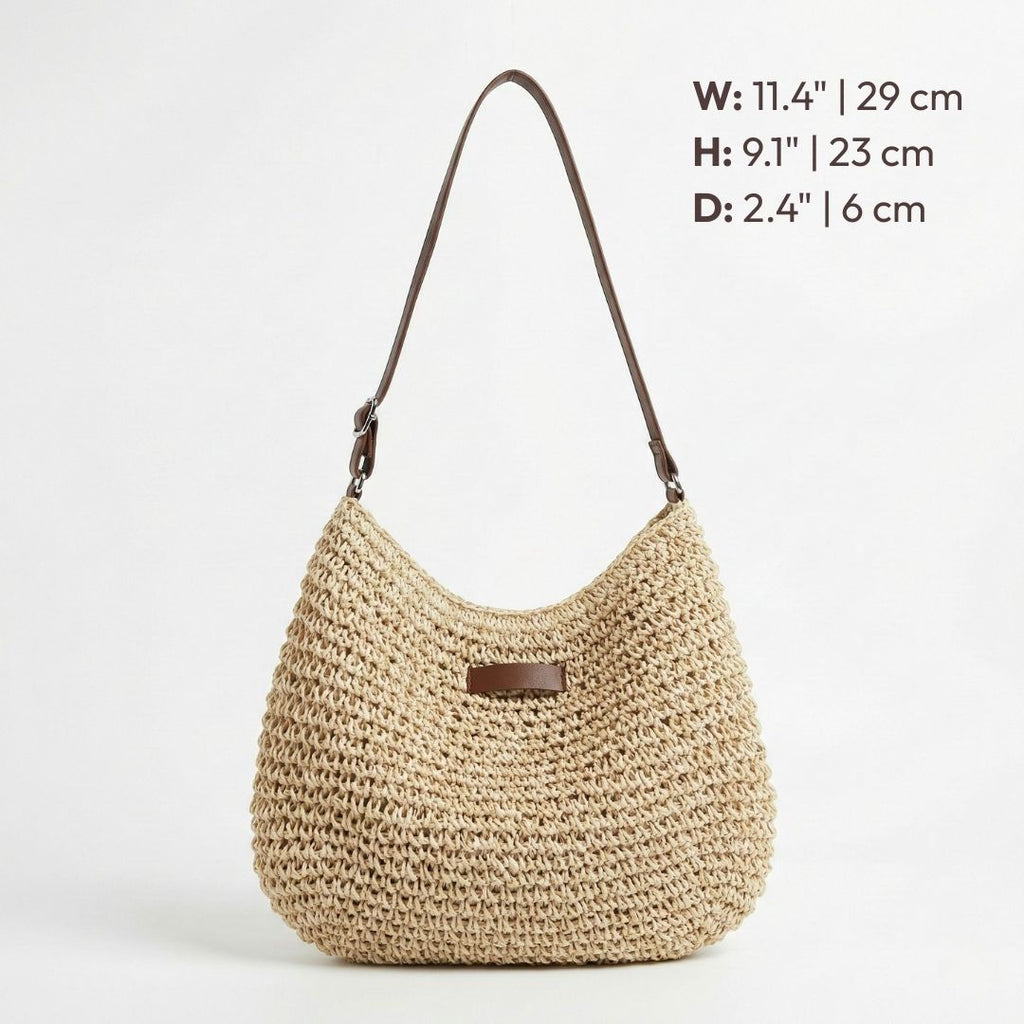 Sac à Main Femme Raphia Tressé Demi-Lune Bandoulière Cuir Boho