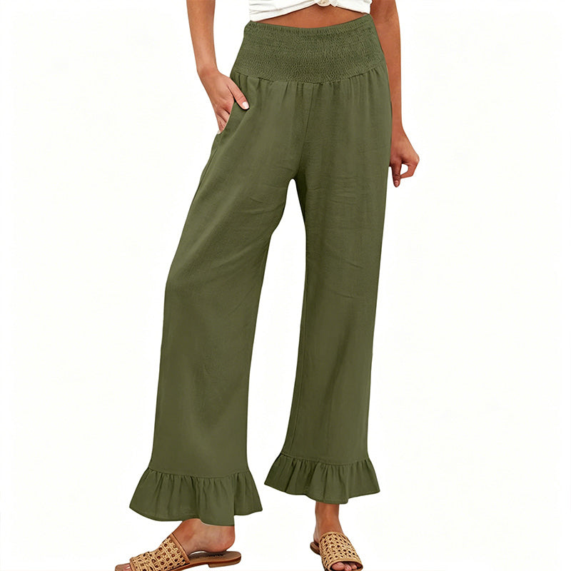 Pantalon Large Femme Taille Smock Coton Lin Volant Bas Boho