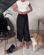 Pantalon femme asymétrique à jambes larges