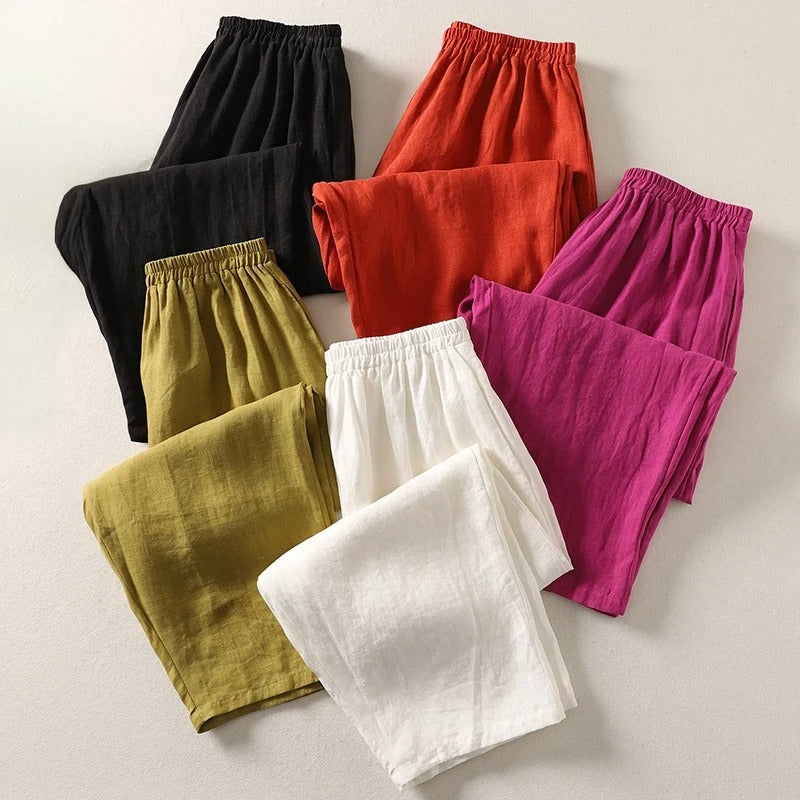 Pantalon large femme coton lin à taille élastique
