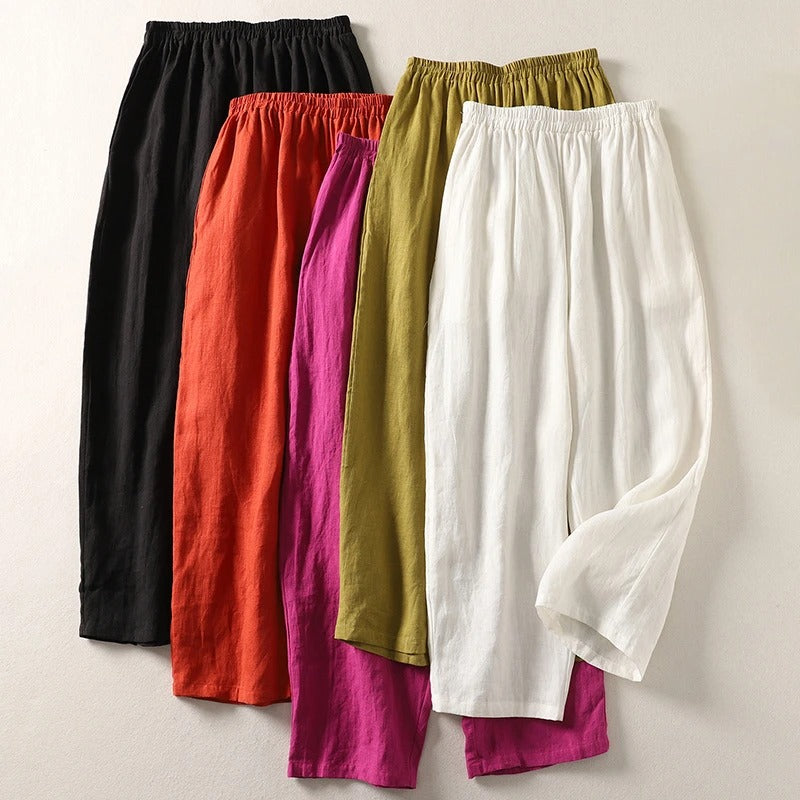 Pantalon large femme coton lin à taille élastique