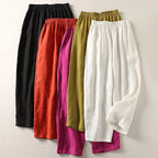 Pantalon large femme coton lin à taille élastique