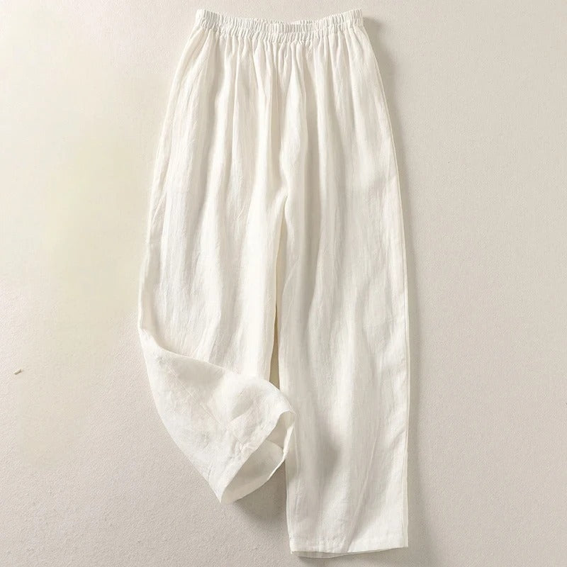 Pantalon large femme coton lin à taille élastique