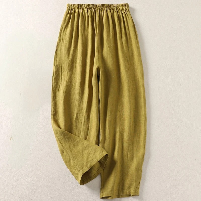 Pantalon large femme coton lin à taille élastique