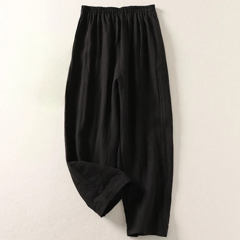 Pantalon large femme coton lin à taille élastique