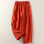 Pantalon large femme coton lin à taille élastique