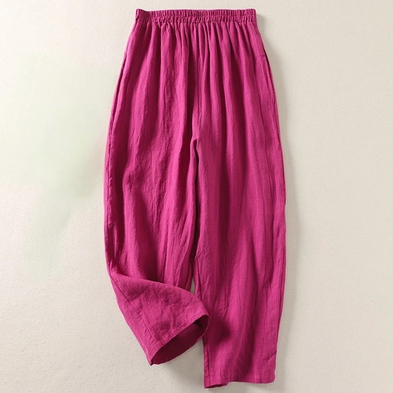 Pantalon large femme coton lin à taille élastique