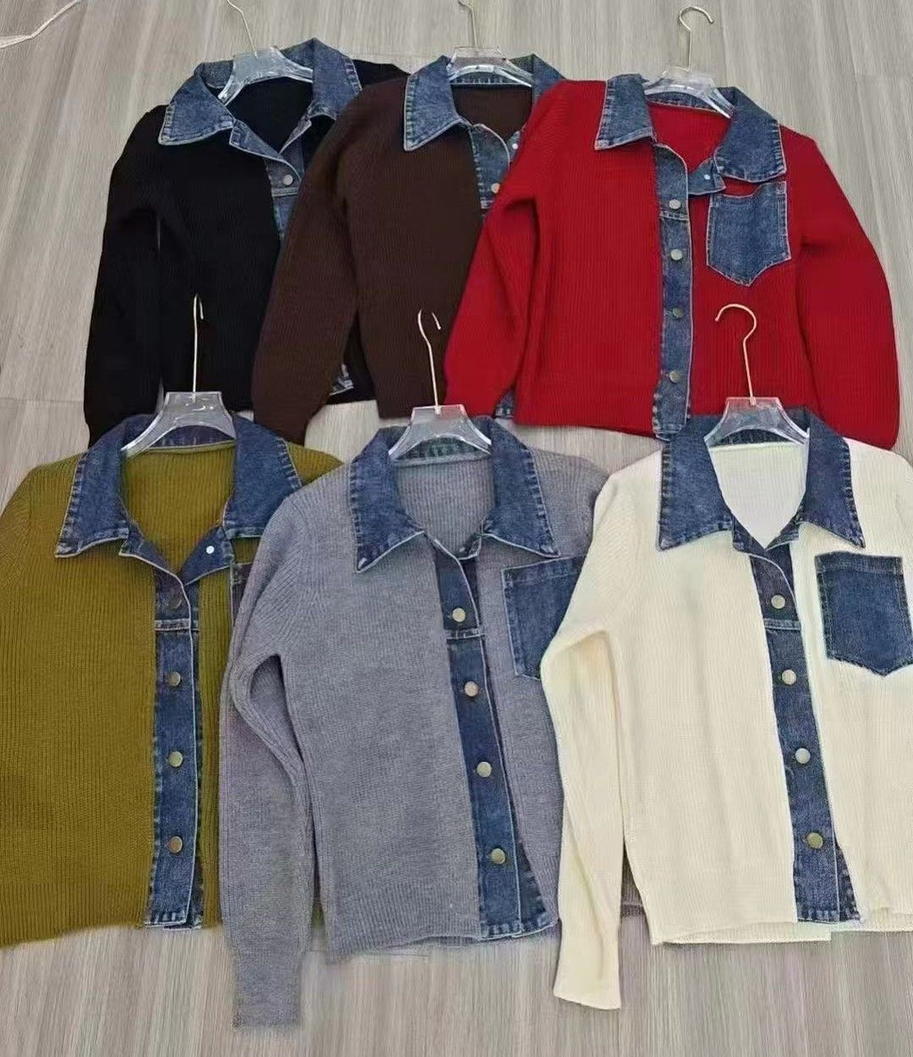 Cardigan femme en tricot effet denim à col polo – coupe fluide, élégant et confortable mi-saison
