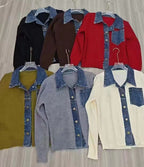 Cardigan femme en tricot effet denim à col polo – coupe fluide, élégant et confortable mi-saison