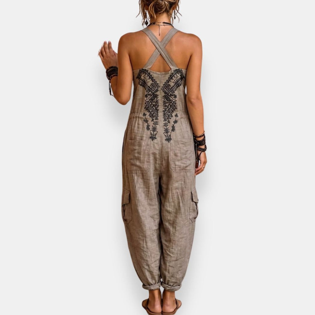 Combinaison femme boho à bretelles réglables et broderies décoratives