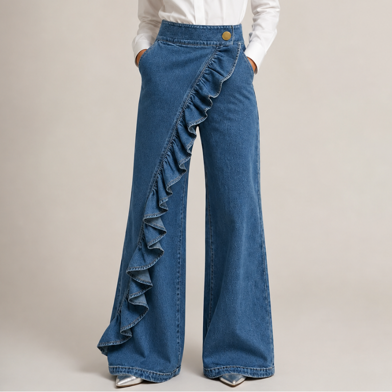 Pantalon Large en Denim pour Femmes avec Volants Asymétriques