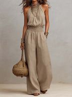 Combinaison femme halter fluide à jambes larges avec taille élastique