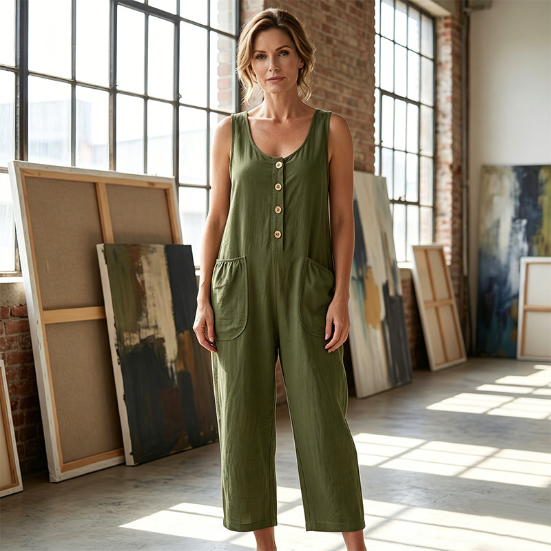 Combinaison femme ample en coton et lin avec boutons décoratifs