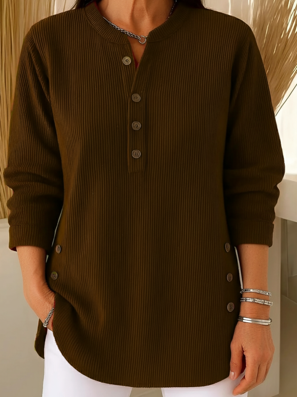 Pull en tricot uni à boutons pour femme doux et élégant