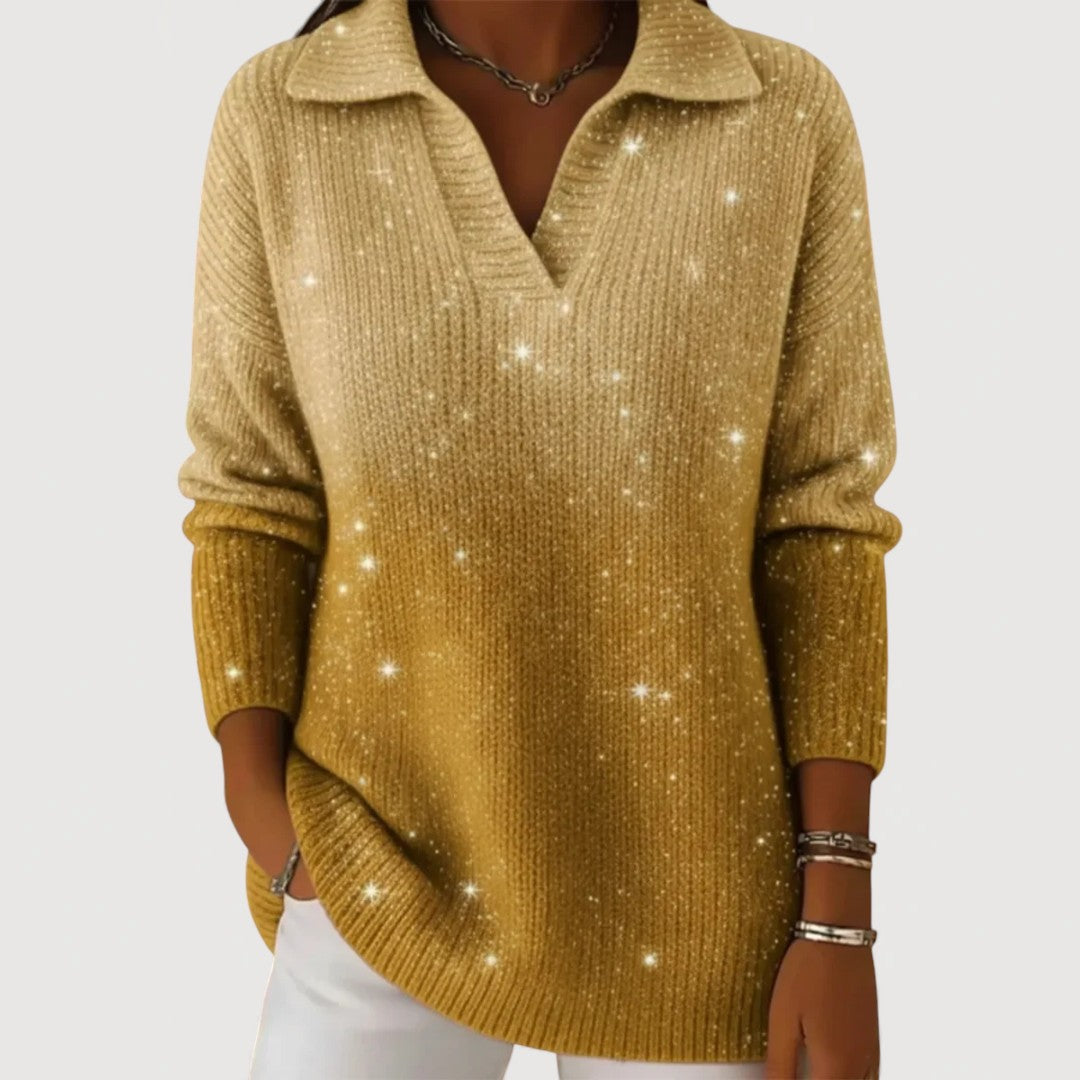 Pull en tricot pailleté à col polo pour femme élégant et confortable