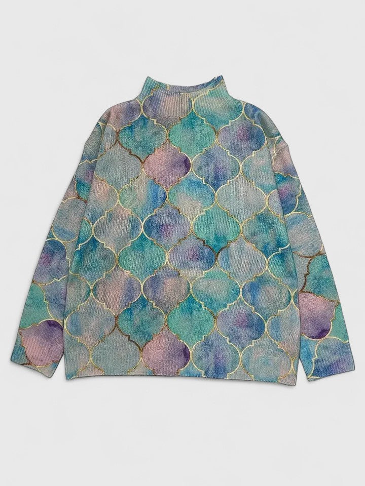 Pull en maille multicolore à col haut pour femme doux et élégant