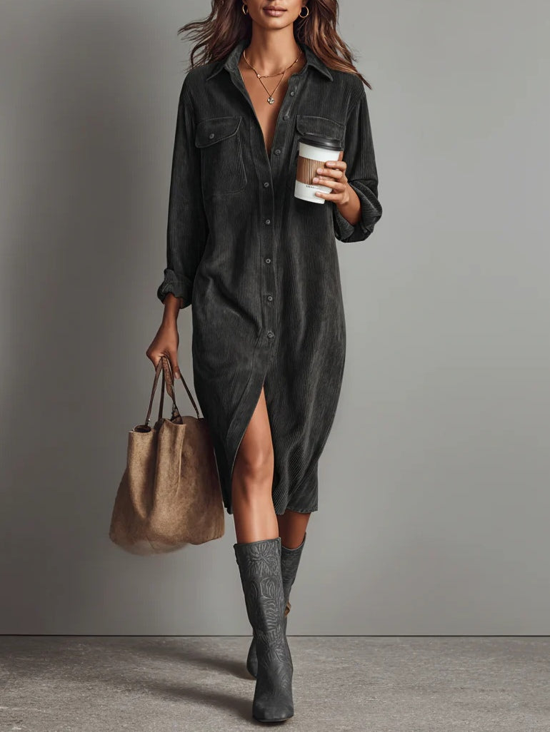 Robe midi femme en velours côtelé – Style rétro chic, automne hiver