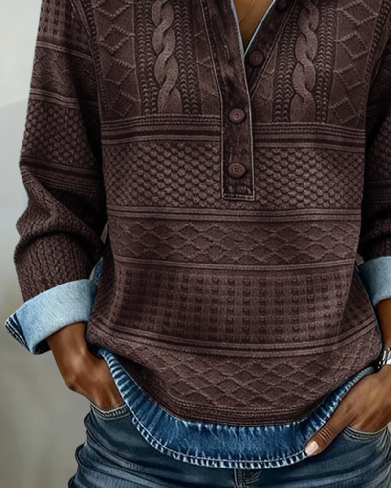 Haut en maille effet denim à col polo pour femme décontracté et élégant