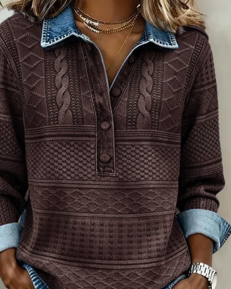Haut en maille effet denim à col polo pour femme décontracté et élégant