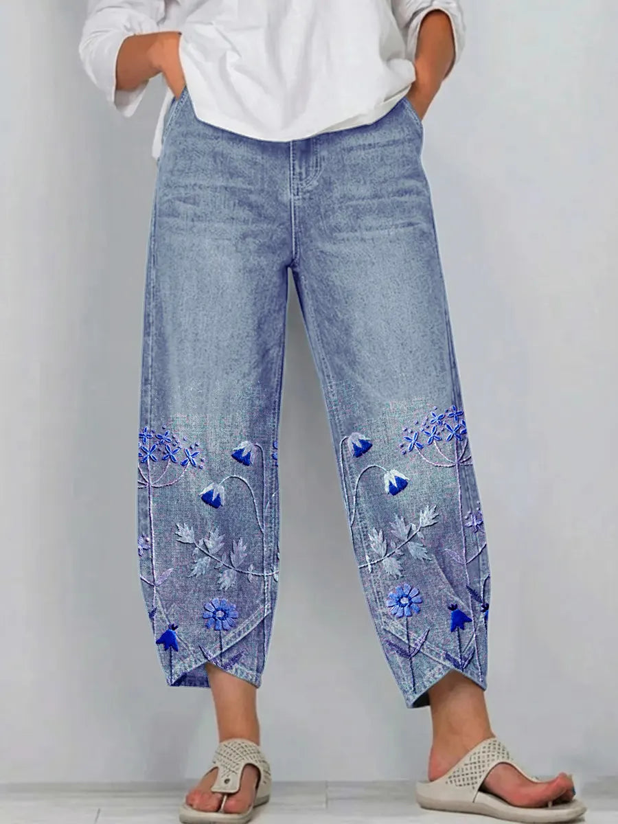 Pantalon Denim Femme Broderies Florales Bas Jambe Coupe Droite Boho