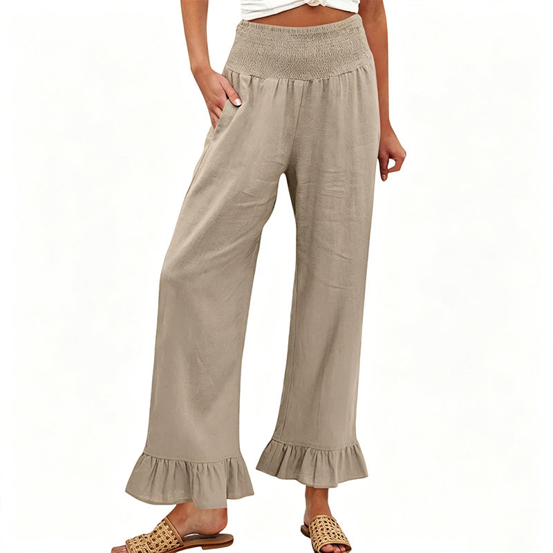 Pantalon Large Femme Taille Smock Coton Lin Volant Bas Boho