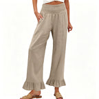 Pantalon Large Femme Taille Smock Coton Lin Volant Bas Boho