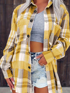 Chemise longue femme à carreaux avec poches et boutons