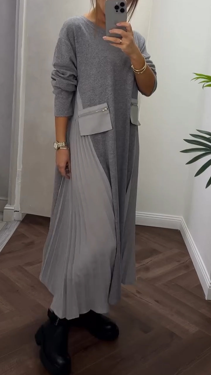 Robe Femme Plissée Col Rond Coupe Fluide Tissu Confortable Avec Poches Quotidien