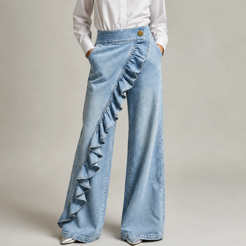 Pantalon Large en Denim pour Femmes avec Volants Asymétriques