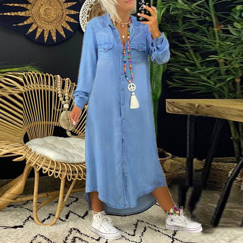 Robe Chemise Maxi Femme Effet Denim Coupe Fluide Tissu Léger Usage Quotidien