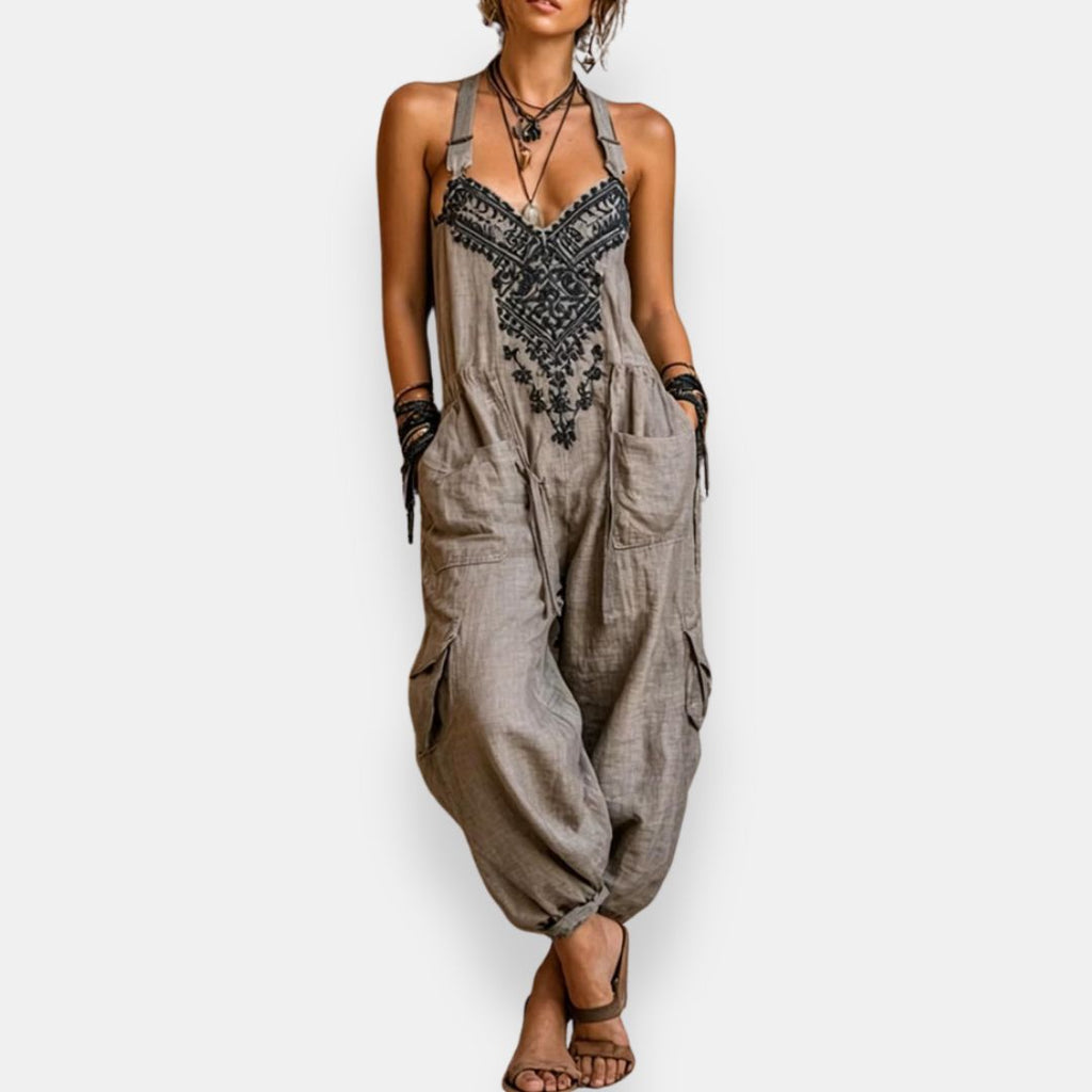 Combinaison femme boho à bretelles réglables et broderies décoratives