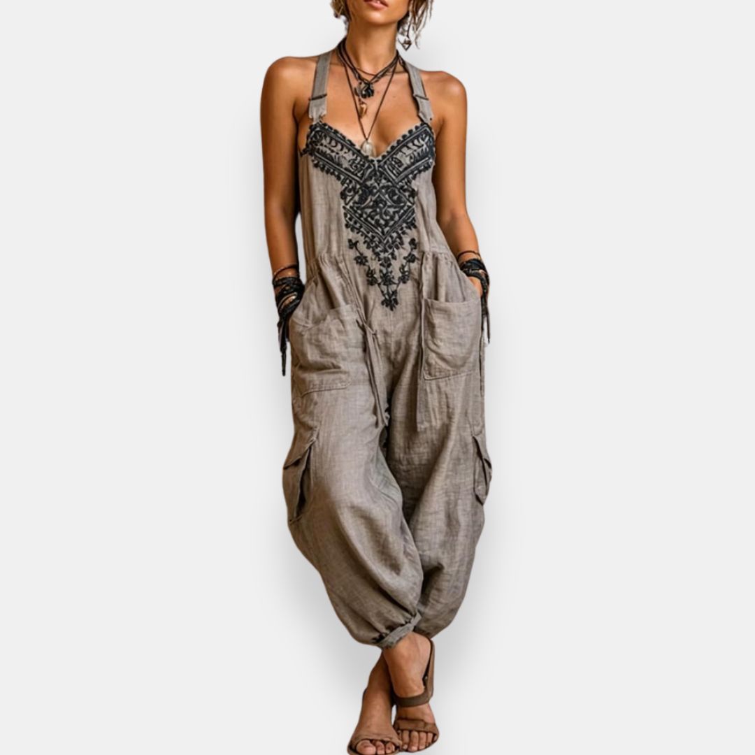 Combinaison femme boho à bretelles réglables et broderies décoratives