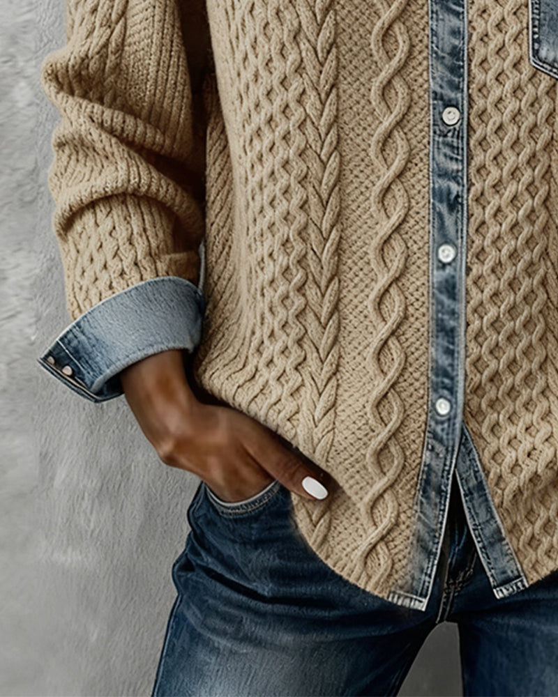 Chemise en maille torsadée avec détails denim pour femme chic et confortable