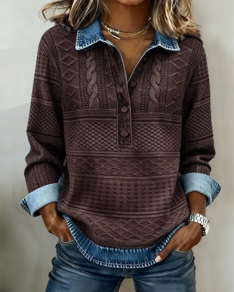 Haut en maille effet denim à col polo pour femme décontracté et élégant