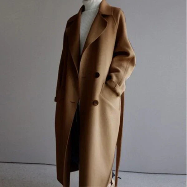 Manteau femme long ceinturé coupe ajustée en laine mélangée pour hiver élégant
