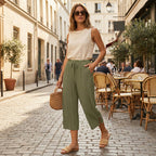 Pantalon Femme Coton Lin Coupe Large Taille Élastique Style Décontracté