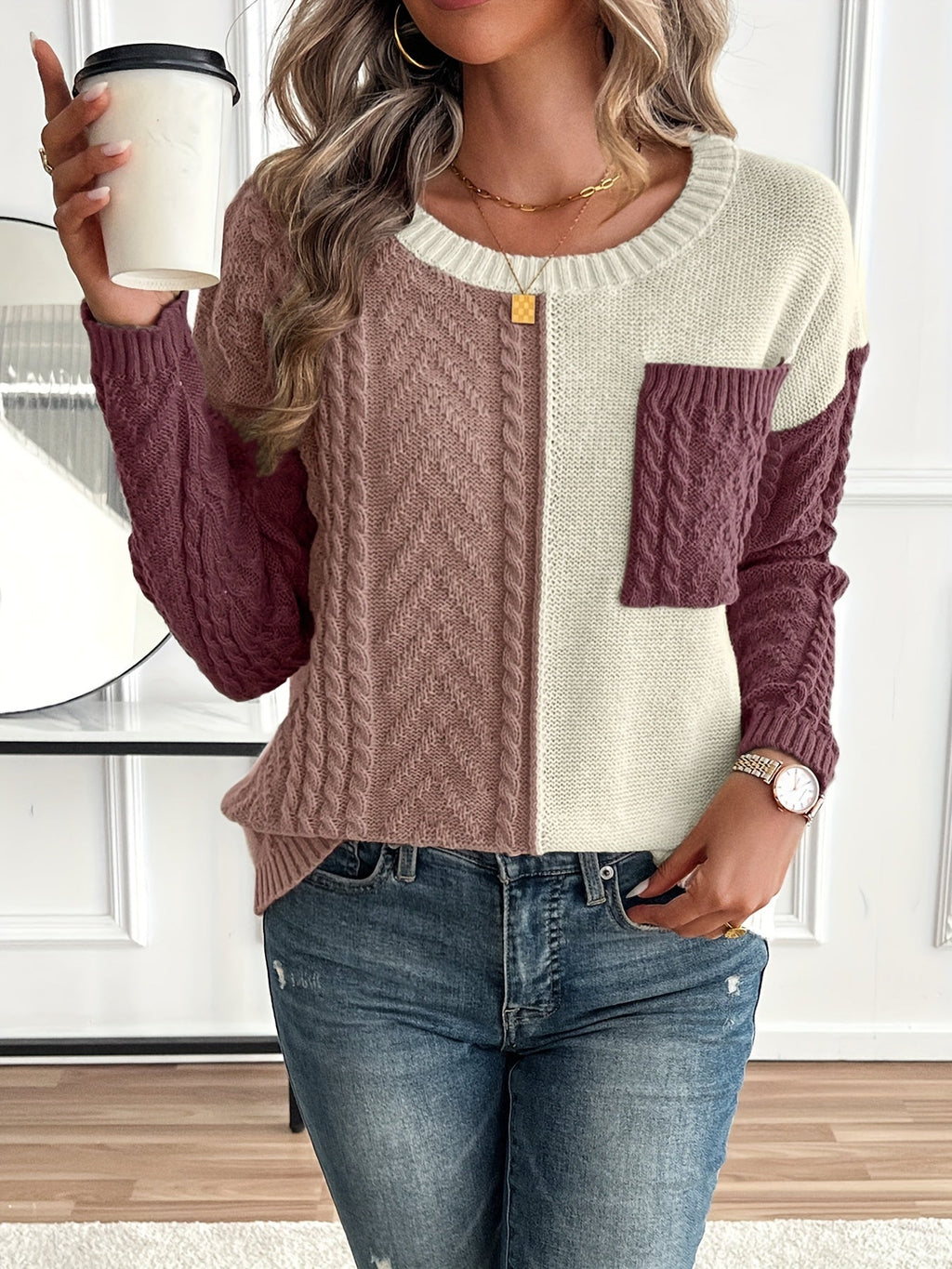 Pull patchwork à maille torsadée pour femme chic et confortable