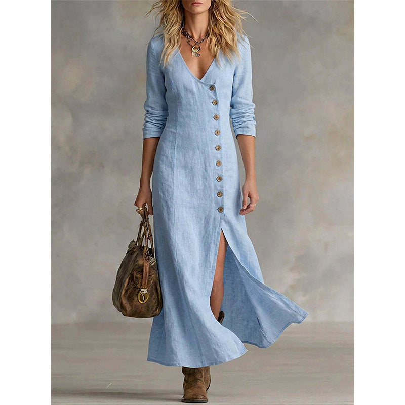 Robe Chemise Vintage Élégante à Manches Longues Midi
