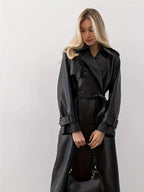 Trench-coat Long Femme Effet Cuir Ceinturé Coupe Élégante Mi-Saison