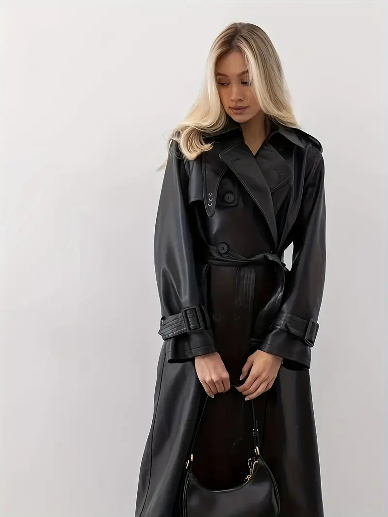 Trench-coat Long Femme Effet Cuir Ceinturé Coupe Élégante Mi-Saison
