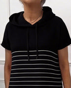 Robe Femme Décontractée à Capuche Rayée Manches Courtes Coupe Droite