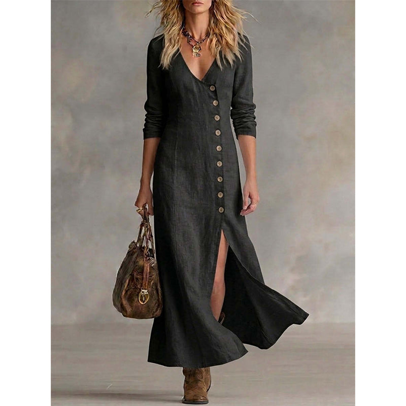 Robe Chemise Vintage Élégante à Manches Longues Midi
