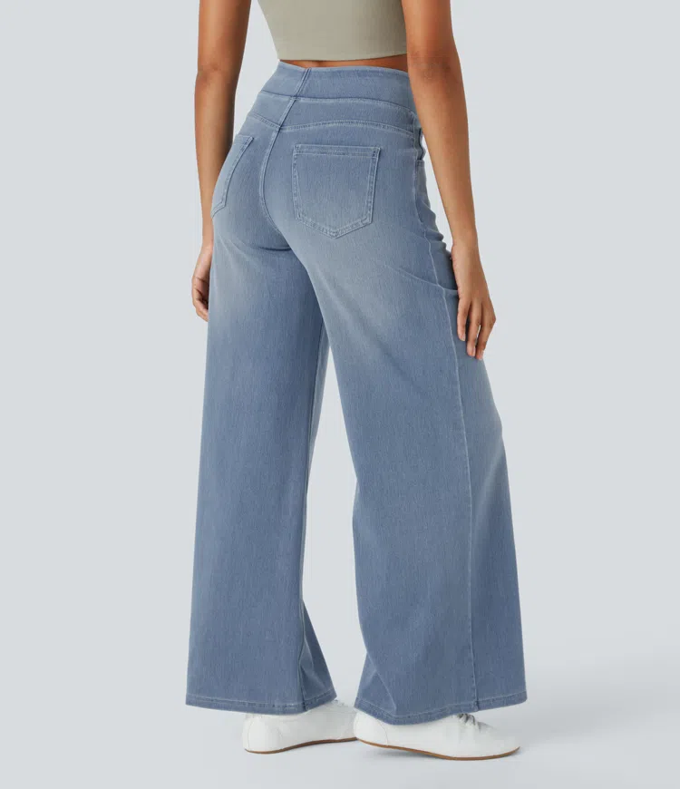 Jean Femme Taille Haute Jambe Large Denim Extensible Coupe Moderne