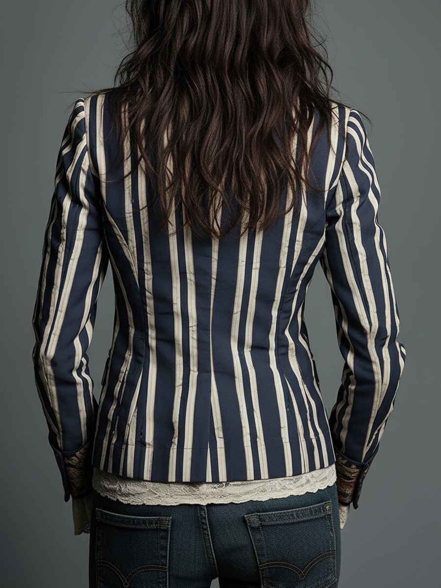 Blazer Bohème Rayé pour Femmes avec Imprimé Floral Vintage