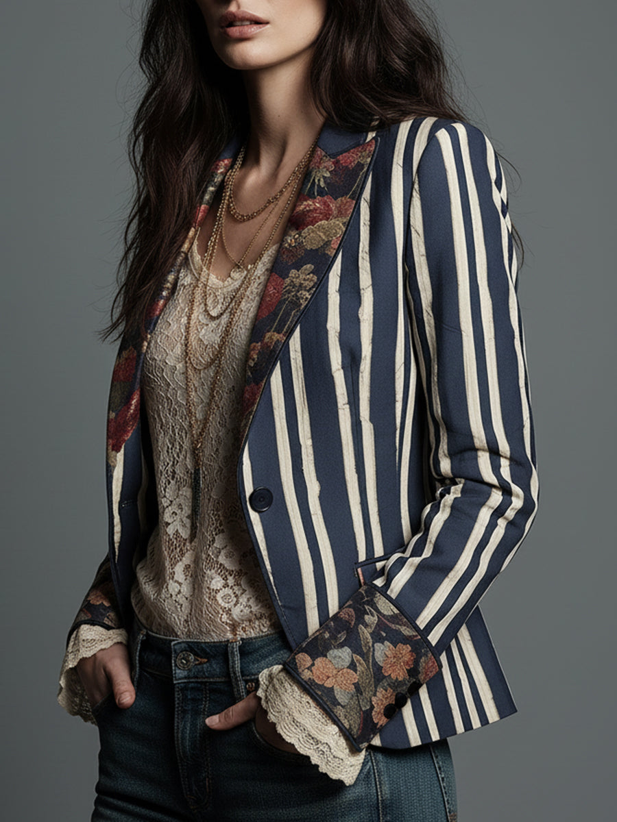 Blazer Bohème Rayé pour Femmes avec Imprimé Floral Vintage
