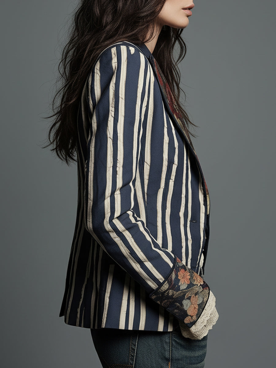 Blazer Bohème Rayé pour Femmes avec Imprimé Floral Vintage